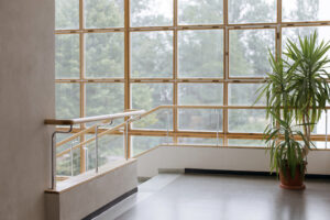 En korridor med stora glasfönster som släpper in dagsljus