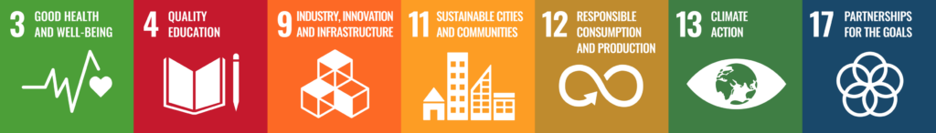 Global goal 3: Good health and well-being. Goal 4: Quality education. Goal 9: Industry, innovation and infrastructure. Goal 11: Sustainable cities and communities. Goal 12: Responsible consumption and production. Goal 13: Climate action. Goal 17: Partnership for the goals