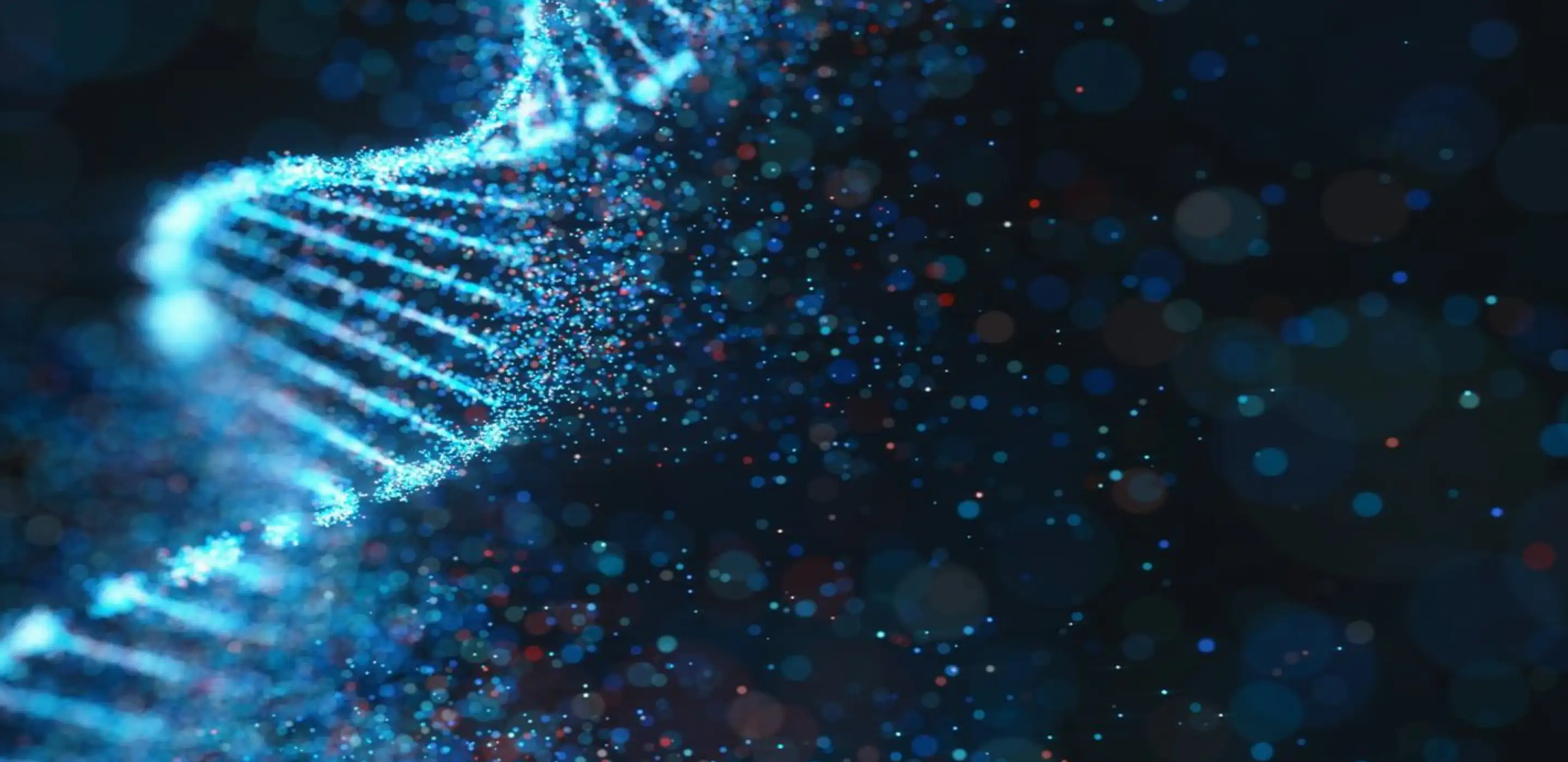 Visualisering av en blå självlysande DNA-struktur mot en mörk bakgrund.